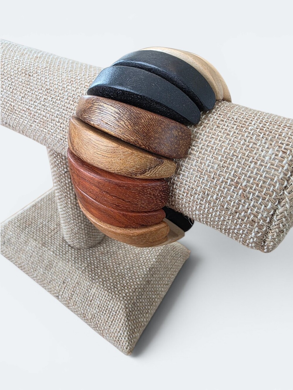 Vintage Boho Segmented Wood Stretch Bangle Bracelet Multi-Tone Ombre